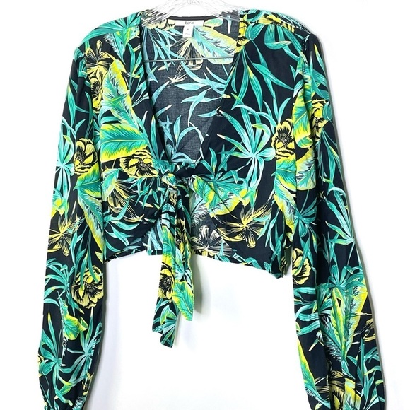 BAR III Floral Printed Black Tie Front Crop Top Long Sleeve Pants Set Sz XL/L - Picture 4 of 13